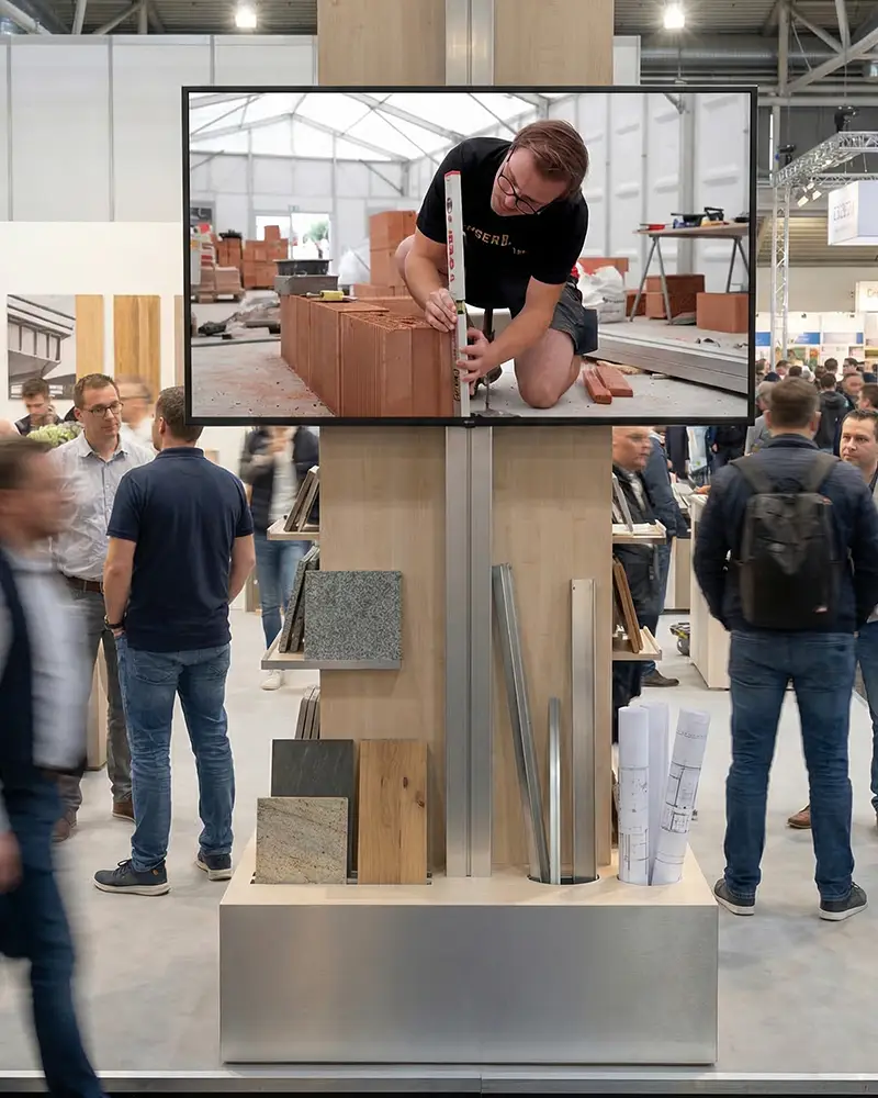 Messebesucher sehen ein Handwerksvideo auf einem Bildschirm am Messestand