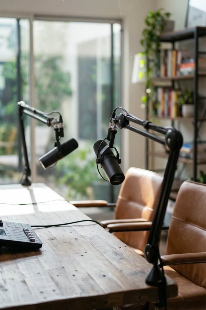Podcast-Setup mit zwei Mikrofonen an einem Holztisch in heller, professioneller Gesprächsatmosphäre